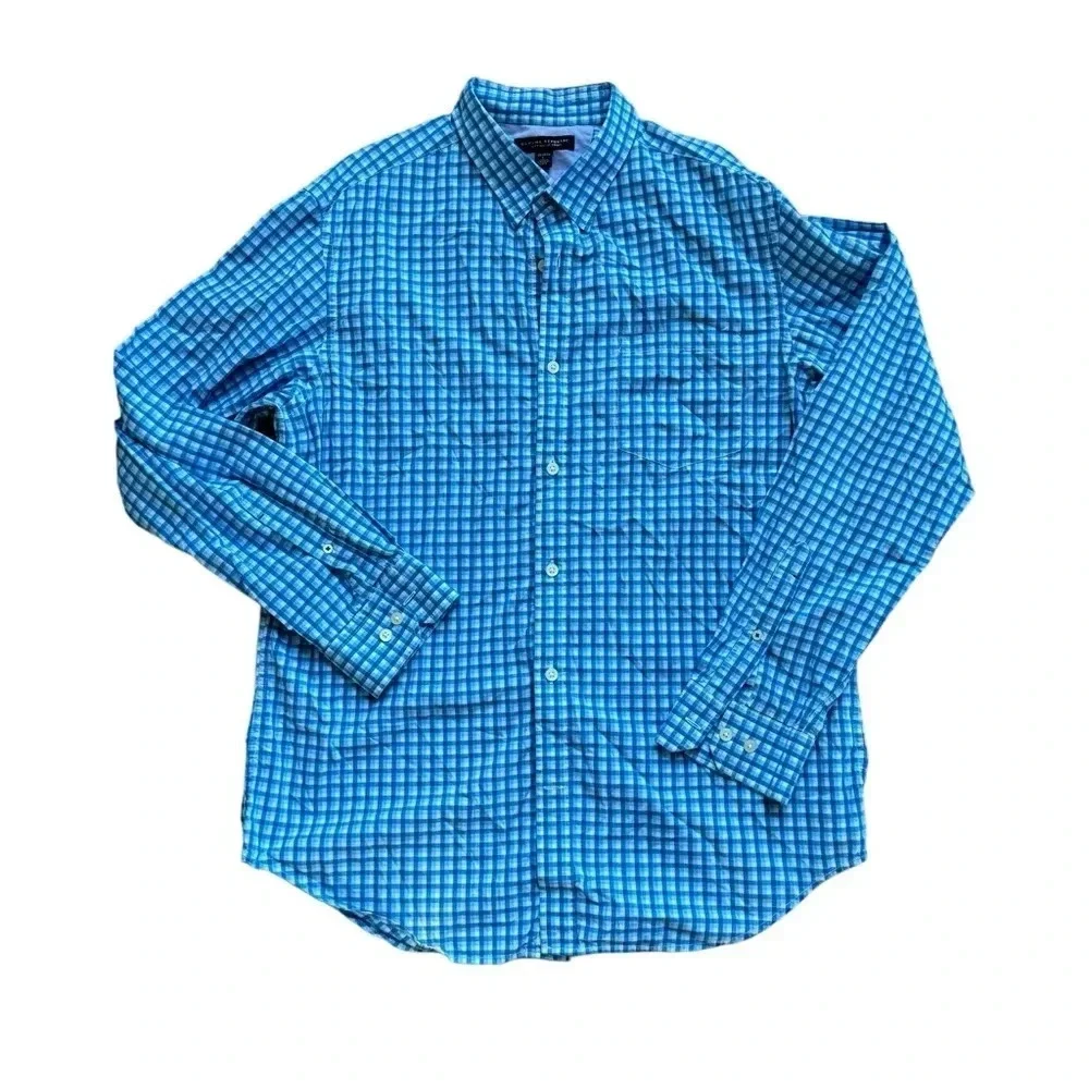 Banana Republic soft wash Blue Plaid Dress Shirt Long Sleeve 16-16 1/2 L Cotton